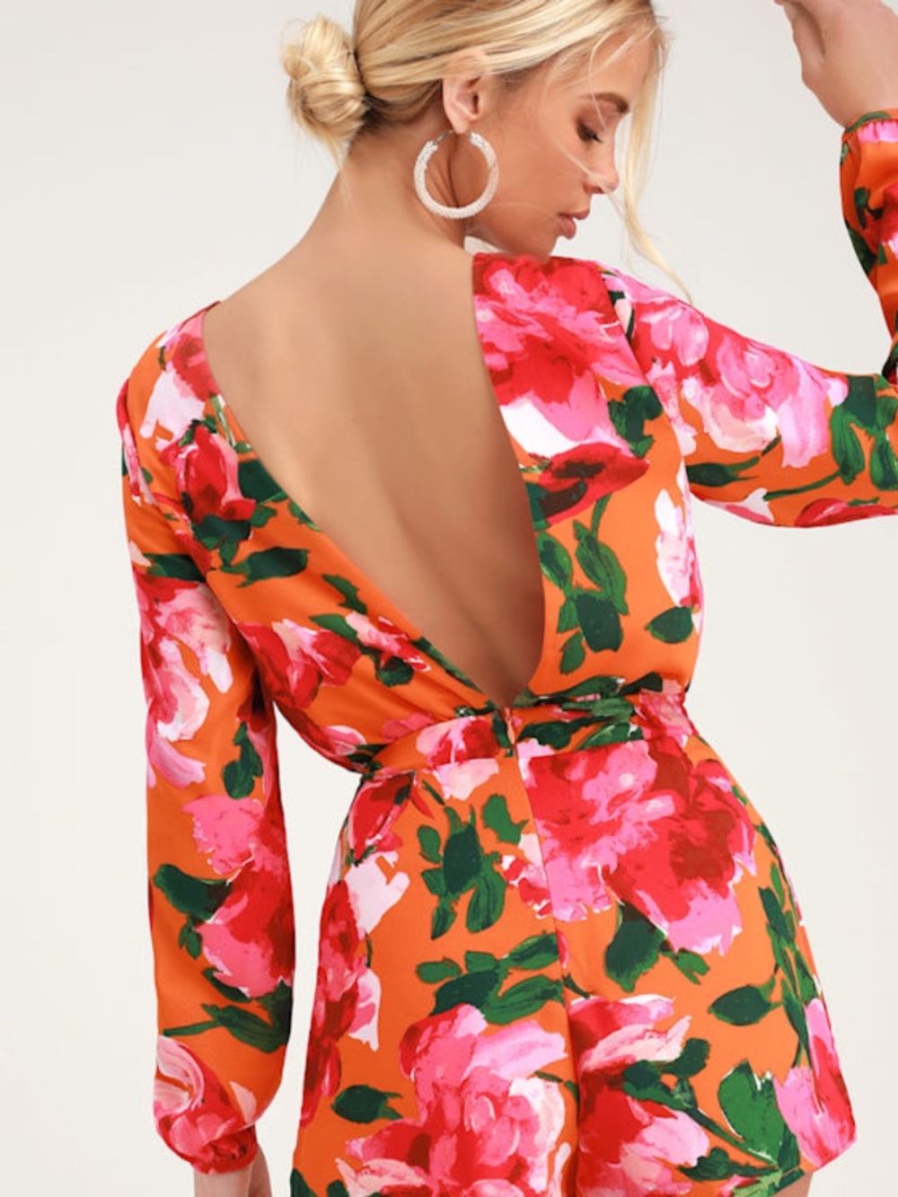 Lulus Sweetest Song Orange Floral Print Backless Long Sleeve Romper - Size L